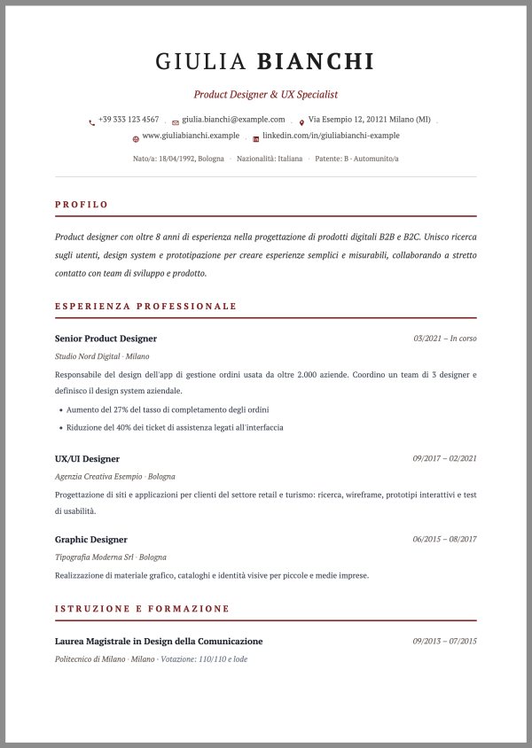 Esempio di curriculum con il template Classico