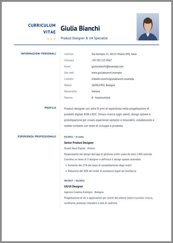 Esempio di curriculum con il template Europeo